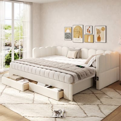 DESMIU Dagbed 90x200 cm – Uittrekbaar Slaapbed met Oplaadpunten – Opbergladen voor Extra Ruimte – Voor Logeerkamer en Kinderkamer – Linnen – Beige – Zonder matras