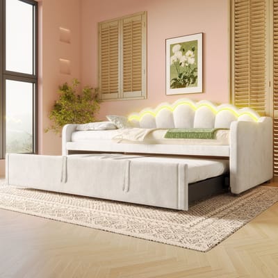 Slaapbank met uitschuifbaar bed, slaapbank, eenpersoonsbed (zonder matras), tweepersoonsbed, fluweel, LED-strip met kleurwisseling, 90x200 cm (180x200 cm), beige