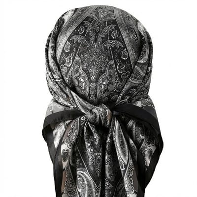Satijnen bandana – luxe silky hoofddoek met zwart-witte paisleyprint – elegante haarbandana – stijlvolle headscarf