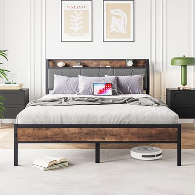 Pugsdrly Bedframe 140 x 200 cm met slimme LED-verlichting, hoofdeinde met USB-oplaadstation, steunplatform met ultrastevige metalen latten, geruisloos, eenvoudige montage, geen lattenbodem nodig