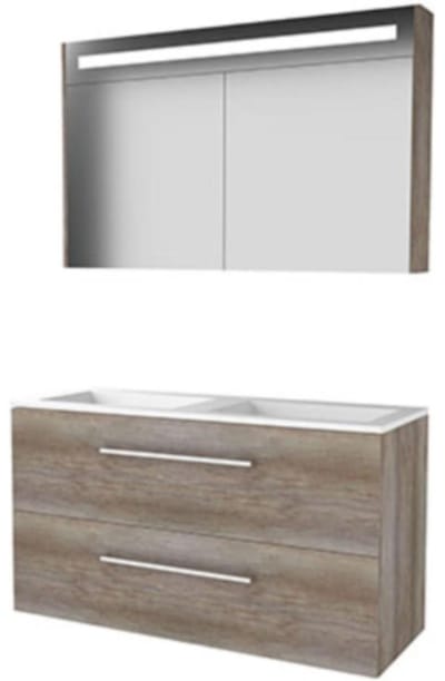 Basic-Line Premium 46 Badkamermeubelset - 120 x 46 cm - Met Grepen - 2 Lades - Acryl Wastafel - Zonder Kraangat - Spiegelkast met LED Verlichting - Scotch Oak