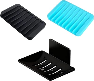 Waterdichte en Zelfklevende Silicone Zeepdishouder met Afvoer, Badkamer Zeep Tray, 12x8.5cm, Zwart en Blauw, Ideaal voor Organisatie en Hygiëne