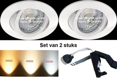 Witte GU10 Inbouwspots Set van 2 – Philips LED 5W – 4000K Neutraal Wit – 350 Lumen – Dimbaar – Draaibaar & 30° Kantelbaar – 230V – Hoogwaardig Aluminium Zaagmaat (plafond): Ø 68 – 76 mm