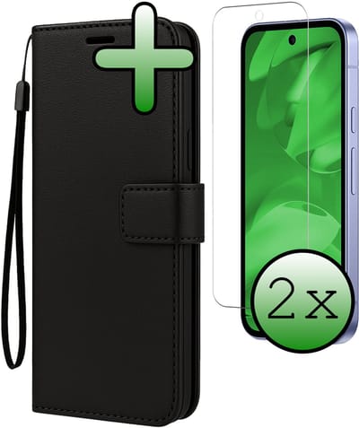 Hoesje Met 2x Screenprotector - Geschikt voor Google Pixel 9a - Luxe Pasjeshouder - Bookcase Portemonee - Flip Case - Kunstleer Book Case - Flipcase Hoes - Book Cover - Walletcase - Portemonneehoes - Zwart