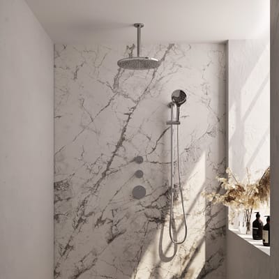 Brauer Chrome Carving thermostatische inbouw regendouche SET 24 met 30 cm douchekop en plafondarm en 3-standen handdouche en doucheslang en geïntegreerde glijstang chroom