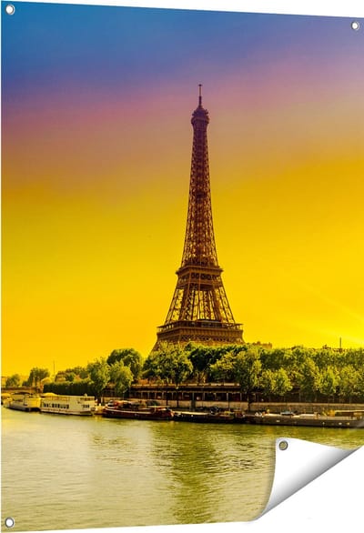 Gards Tuinposter Eiffeltoren in Parijs tijdens Zonsopgang - 80x100 cm - Tuindoek - Tuindecoratie - Wanddecoratie buiten - Tuinschilderij