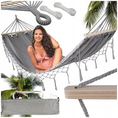 Grijze Boho Hangmat met Franjes - Comfortabel op brancard - 200x100cm