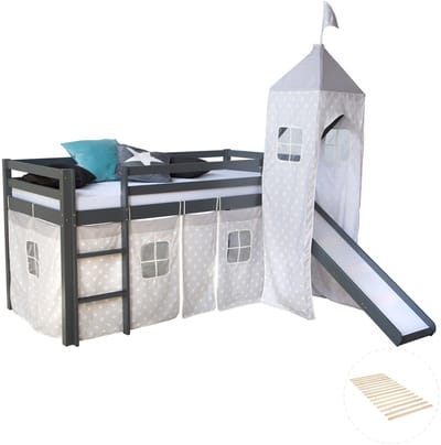 Homestyle4u Hoogslaper - 90x200 cm - met lattenbodem - toren - glijbaan - gordijn met sterrenmotief - grijs