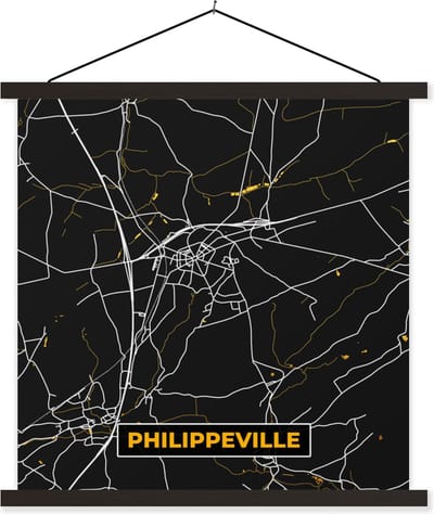 Posterhanger incl. Poster 60x60 cm - Schoolplaat - Goud - Philippeville - Plattegrond - Kaart - Stadskaart - Textielposter - Zwarte latten - Stadskaart
