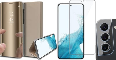 Hoesje geschikt voor Samsung Galaxy S22 - Book Case Spiegel Wallet Cover Hoes Goud - Tempered Glass Screenprotector - Camera Lens Protector