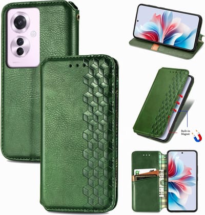 Luxe PU Lederen Ruitpatroon Wallet Case + Glas Screenprotector voor OPPO Reno11 F 5G _ Groen