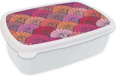 Broodtrommel Wit - Lunchbox Patronen - Art Deco - Roze - Bloemen - Brooddoos 18x12x6 cm - Brood lunch box - Broodtrommels voor kinderen en volwassenen