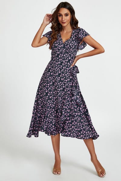 Midi-wikkeljurk met bloemenprint en ruches in marineblauw