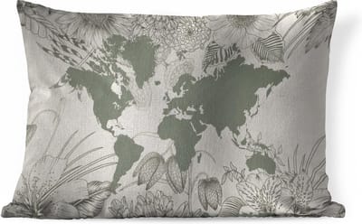 Sierkussens - Kussen - Grijze wereldkaart versierd met illustraties van bloemen - 50x30 cm - Kussen van katoen