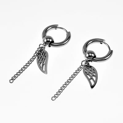 ∅15mm Oorringen Unisex - Stalen Zilverkleur - Oorbellen met Ketting een Vleugelhanger