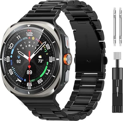 Stravo Stalen schakel bandje – Geschikt voor Samsung Galaxy Watch Ultra 2 (2026) / Ultra (2024/2025) – Metalen RVS horlogebandje + inkort toolkit – Zwart