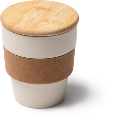 2 stuks beige PP beker 350 ml met kurkband en bamboe deksel model Lovren