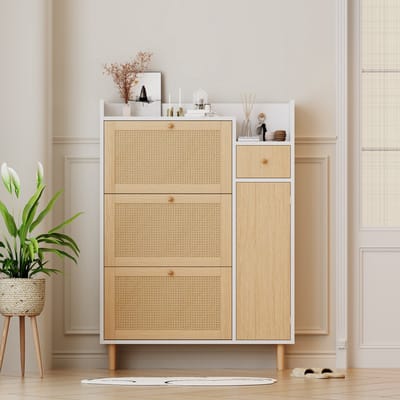REDOM - Schoenenkast - 3 Kleppen En 1 Lade - Rotanlook - Voor Smalle Hal - MDF En Massief Hout - Naturel-Wit - 90 X 125 X 17 Cm
