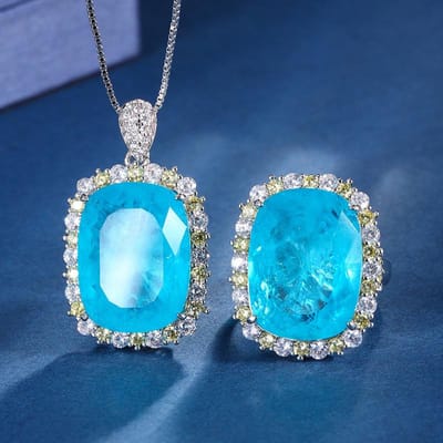 15*20mm Paraiaba Toermalijn Edelsteen Sieradensets Voor Vrouwen Luxe Vintage Verstelbare Ring Hanger Ketting blue
