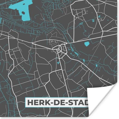 Poster Kaart – Plattegrond – Stadskaart – Herk de Stad – België - Grijs - 100x100 cm XXL