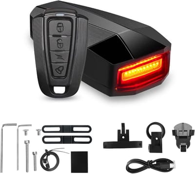 Achterlicht voor Fiets met Alarm en Afstandsbediening, Oplaadbaar Waterdicht en Antidiefstal, Inclusief Silicone Fietshouders en Fietsbel