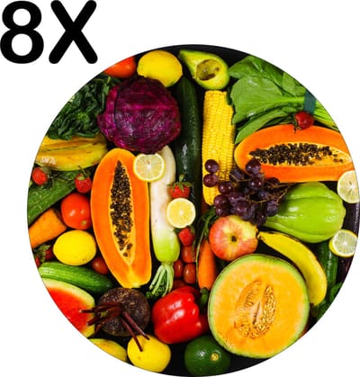 Luxe Ronde Placemat - Gezonde Groentes en Fruit - Set van 8 Placemats - 50x50 cm - 2 mm dik Vinyl - Anti Slip - Afneembaar