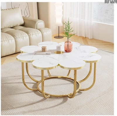 RFWR® Moderne Bloemvormige Salontafel met Marmeren Blad en Gouden Frame