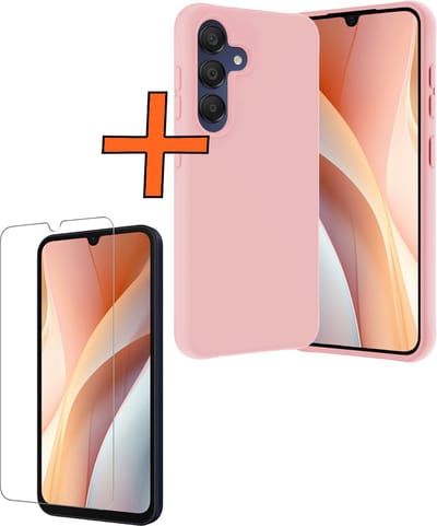 Hoes - Met Screenprotector - Geschikt voor Samsung Galaxy A15 - Sterk & Shockproof - Back Cover - Siliconen Case - Telefoon Hoes - Lichtroze