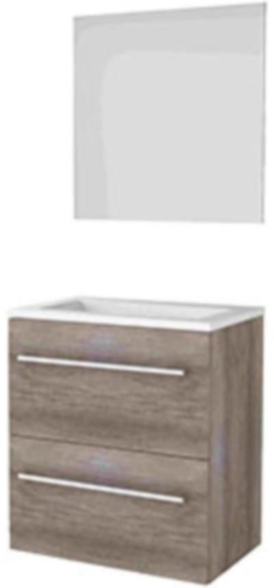 Basic-Line Ultimate 39 Badkamermeubelset - Ondiep - 60 x 39 cm - Met Grepen - 2 Lades - Acryl Wastafel - Zonder Kraangat - Spiegel met Indirecte LED Verlichting - Scotch Oak