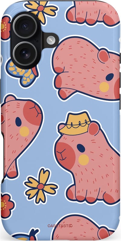Casetastic hoesje geschikt voor Apple iPhone 17 - MagSafe - Dubbellaagse bescherming - Capibara geluk - Fashion Case - Lichtblauw Perzik Grijs Koraal