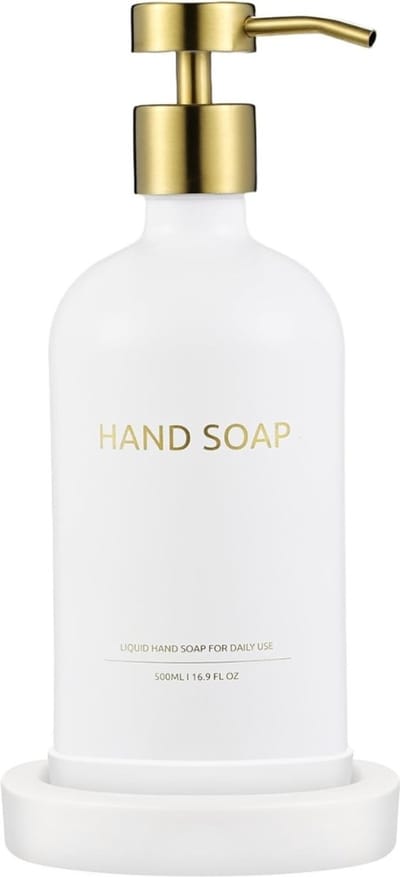 Famanu – Glazen zeepdispenser 500 ml met keramische lade en RVS pomp – Bruin/wit