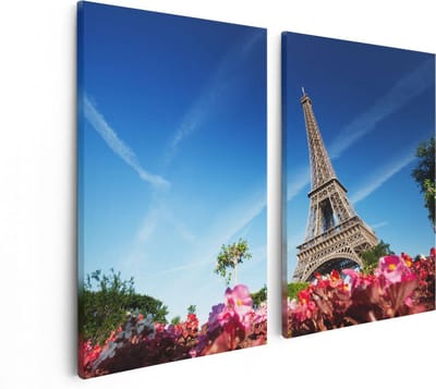 Artaza Canvas Schilderij Tweeluik Eiffeltoren In Parijs Met Bloemen - 80x60 - Foto Op Canvas - Canvas Print