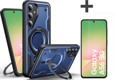 Hoesje Geschikt voor Samsung Galaxy A56 met gehard glas Screenprotector - Armor hoes met Ringhouder - Arara backcover - Navy
