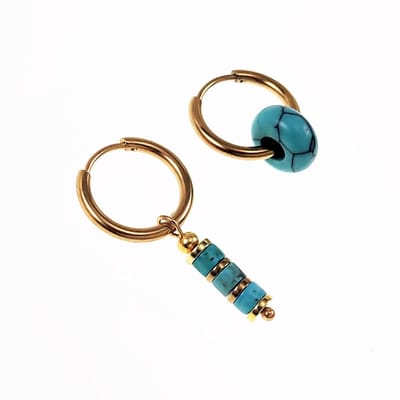 ∅16mm Oorringen Dames - Verguld RVS - Oorbellen met Turquoise Stenen - Oorbellen met Donut en Buis Hangers
