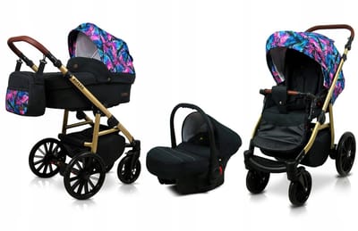 BabyLux® Kinderwagen 3in1 – ASPERO - COLORFUL FEATHERS - Opklapbare Wandelwagen incl. Reiswieg, Multifunctionele Buggy Sportstoel, Autostoel - Combi-kinderwagen met Luiertas, Regenhoes, Klamboe, Bekerhouder, etc.