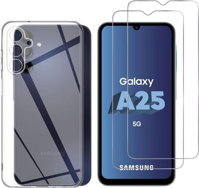 Hoesje Ultraslank geschikt voor Galaxy a25 5G backcover siliconen Transparant en 2 stuks ScreenProtector Gehard Glas