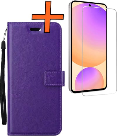 Hoes - Met Screenprotector - Geschikt voor Samsung Galaxy S24 FE - Luxe Pasjeshouder - Bookcase Portemonee - Flip Case - Kunstleer Book Case - Flipcase - Book Cover - Walletcase - PortemonneeHoes - Paars