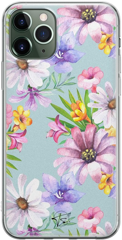 Hoesje geschikt voor iPhone 11 Pro - Mint bloemen - Soft Case - TPU - Bloemen - Blauw - Mooie Telefoonhoesjes