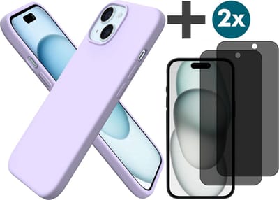 Hoesje met Privacy Screenprotectors 2 Stuks Geschikt voor iPhone 15 Hoesje Siliconen - liquid case - Arara Backcover - Lila