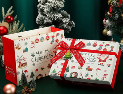 Luxe Kerst Cadeaudoos met Rode Strik + Bijpassende Cadeautas – 29*21*11cm - Premium Geschenkverpakking – Feestelijk & Klaar om te Geven