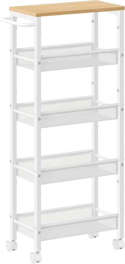 VASAGLE Keukentrolley met 5 niveaus, smalle nisplank op wielen, stalen handgreep voor kleine ruimtes, 22 x 45,4 x 99,6 cm, keuken, badkamer, woonkamer, studeerkamer, eiken wit LRC035W09