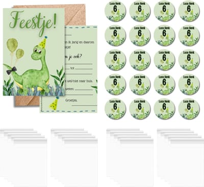 Dino Traktatie Uitdeelset - Compleet Feestpakket met Uitnodigingen, Gepersonaliseerde Stickers en Transparante Zakjes