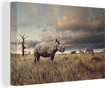 Afrikaanse dieren op de savanne Canvas 90x60 cm - Foto print op Canvas schilderij (Wanddecoratie woonkamer / slaapkamer)