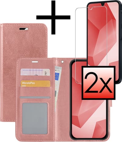 Hoesje - Met 2x Screenprotector - Geschikt voor Samsung Galaxy A16 - Luxe Pasjeshouder - Bookcase Portemonee - Flip Case - Kunstleer Book Case - Flipcase Hoes - Book Cover - Walletcase - Portemonneehoes - Rosé goud