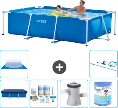 Intex Rechthoekig Frame Zwembad - 260 x 160 x 65 cm - Blauw - Inclusief Afdekzeil - Onderhoudspakket - Zwembadfilterpomp - Filter - Grondzeil - Schoonmaakset - 7-delig