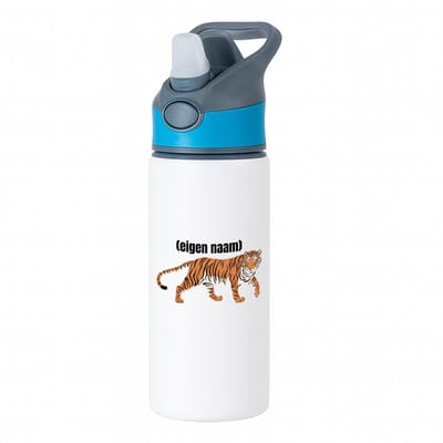 Hacebo® - tijger met eigen naam waterfles met rietje blauw - Tijger - dieren liefhebber - iemand die houdt van tijgers - verjaardag - cadeau - kado - geschenk - water fles - 650ML