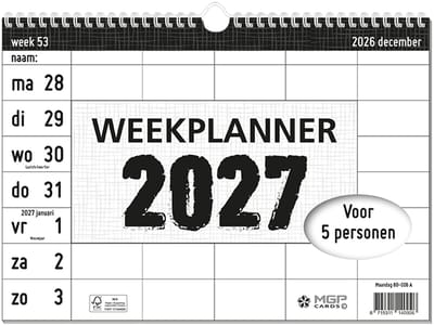 MGPcards - Familieplanner 2027 - 5 personen - Weekplanner - Gezinsplanner 2027 - Family Planner - 29.7 x 21 cm