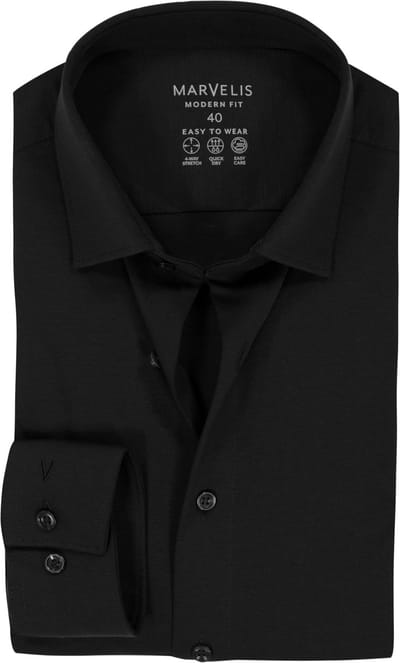 MARVELIS modern fit overhemd - tricot - zwart - Strijkvriendelijk - Boordmaat: 38 (EU maat: S)
