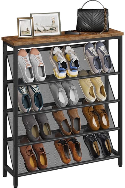 Schoenenrek, 5-laags schuine schoenenopbergplank, schoenenrek voor entree met verstelbare voeten, staande slanke schoenenplank met houten bovenkant en metalen frame, rustiek bruin en