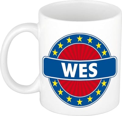 Bellatio Decorations - Wes voornaam - koffiemok - beker - wit/blauw - 300 ml - Cadeau - Heren - Collega - Vaderdag - Verjaardag